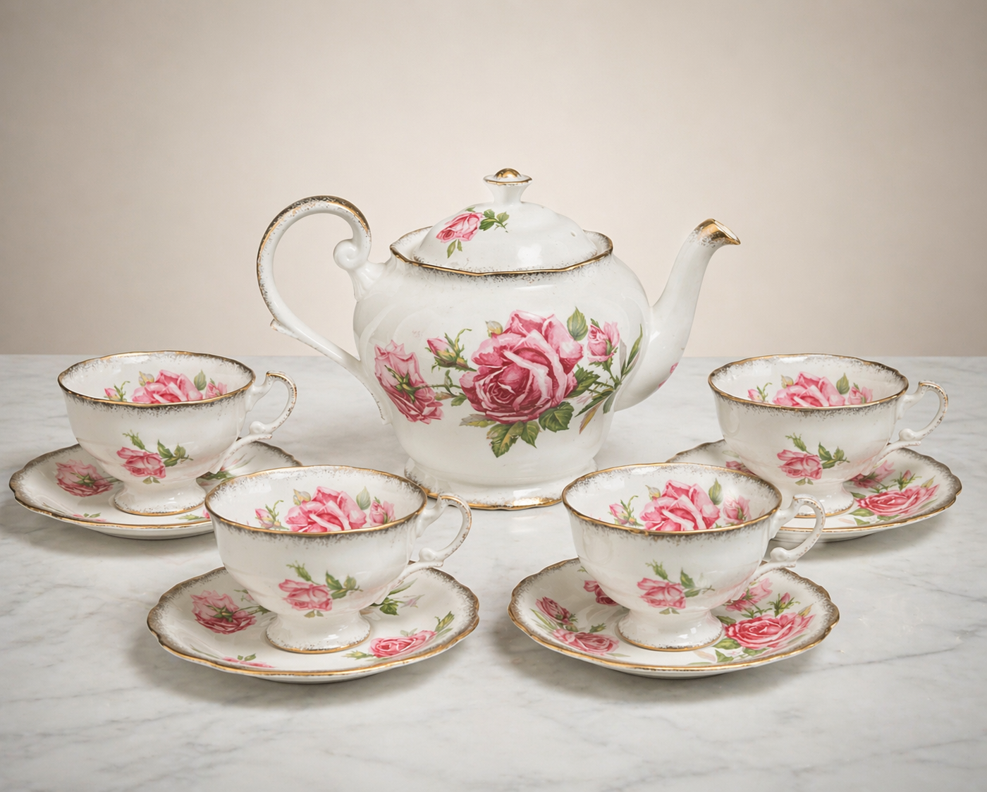 Elegant Vintage Rose Porcelain Tea Set – Teapot with Four Cups & Saucers, Gold Trim Fine China