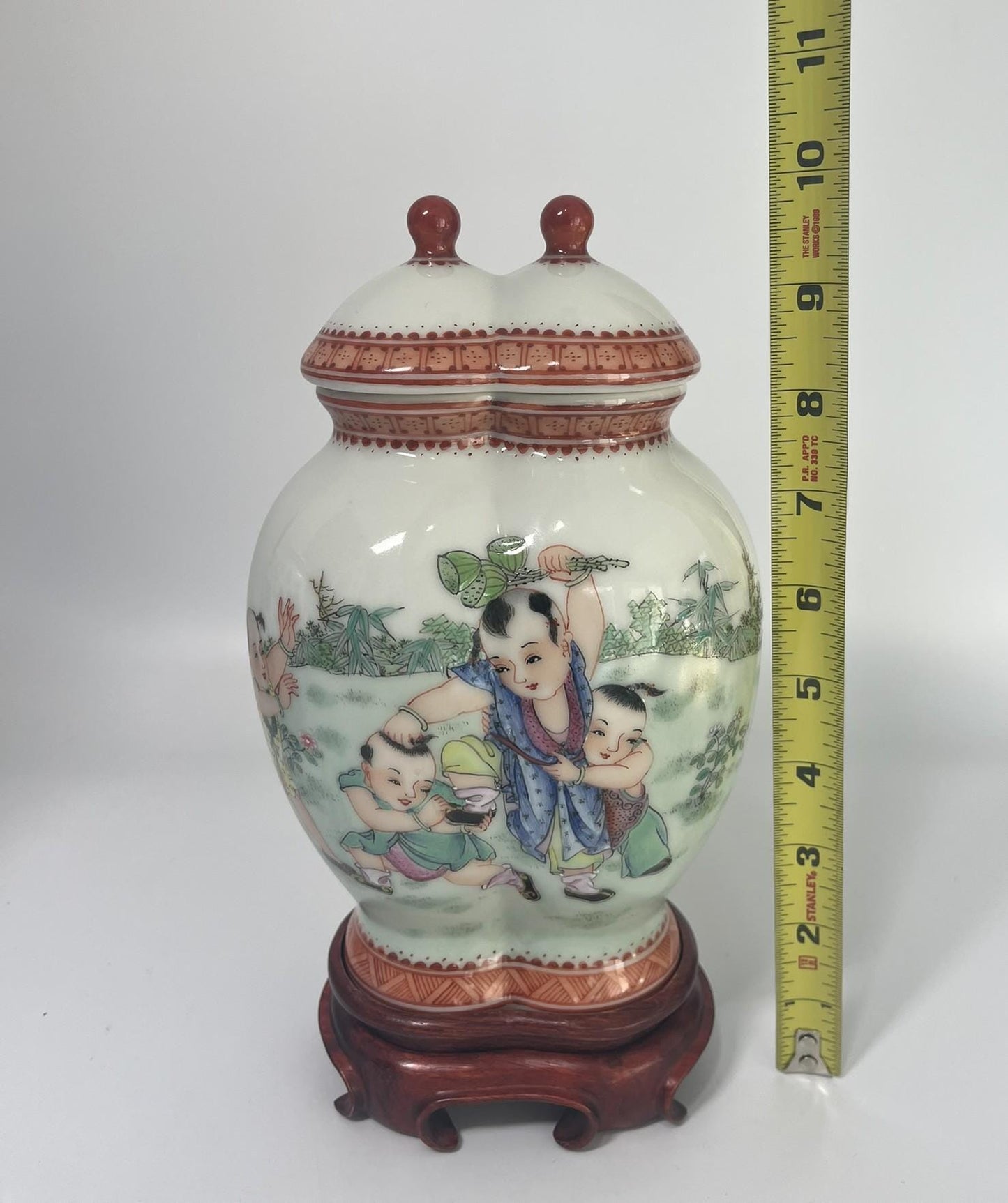 Chinese Porcelain Double Gourd Jar, Children Scene, Famille Rose Style, Qianlong Mark