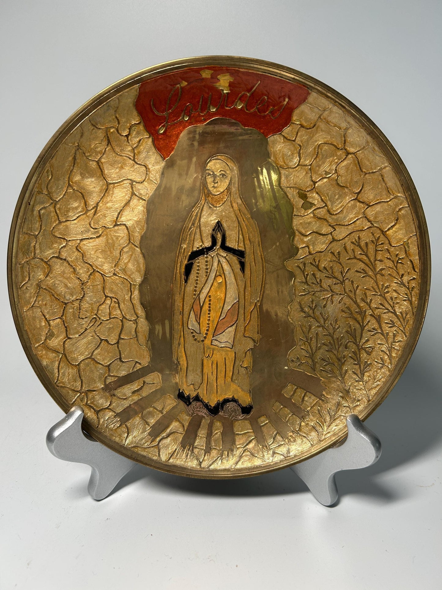 Vintage Virgin Mary Lourdes Gold Relief Plate, Catholic Devotional Art
