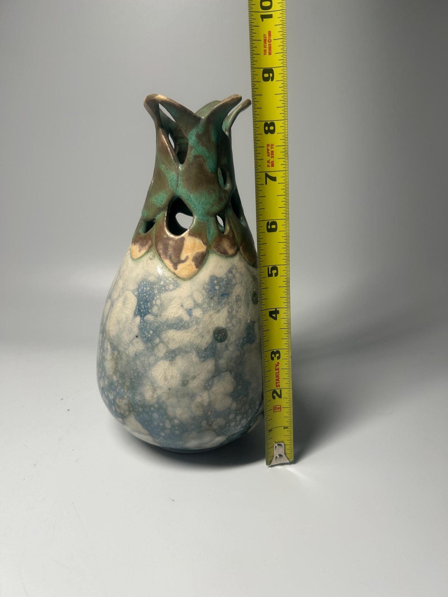 Signed Studio Pottery Pierced Neck Vase with Crystalline Blue Glaze