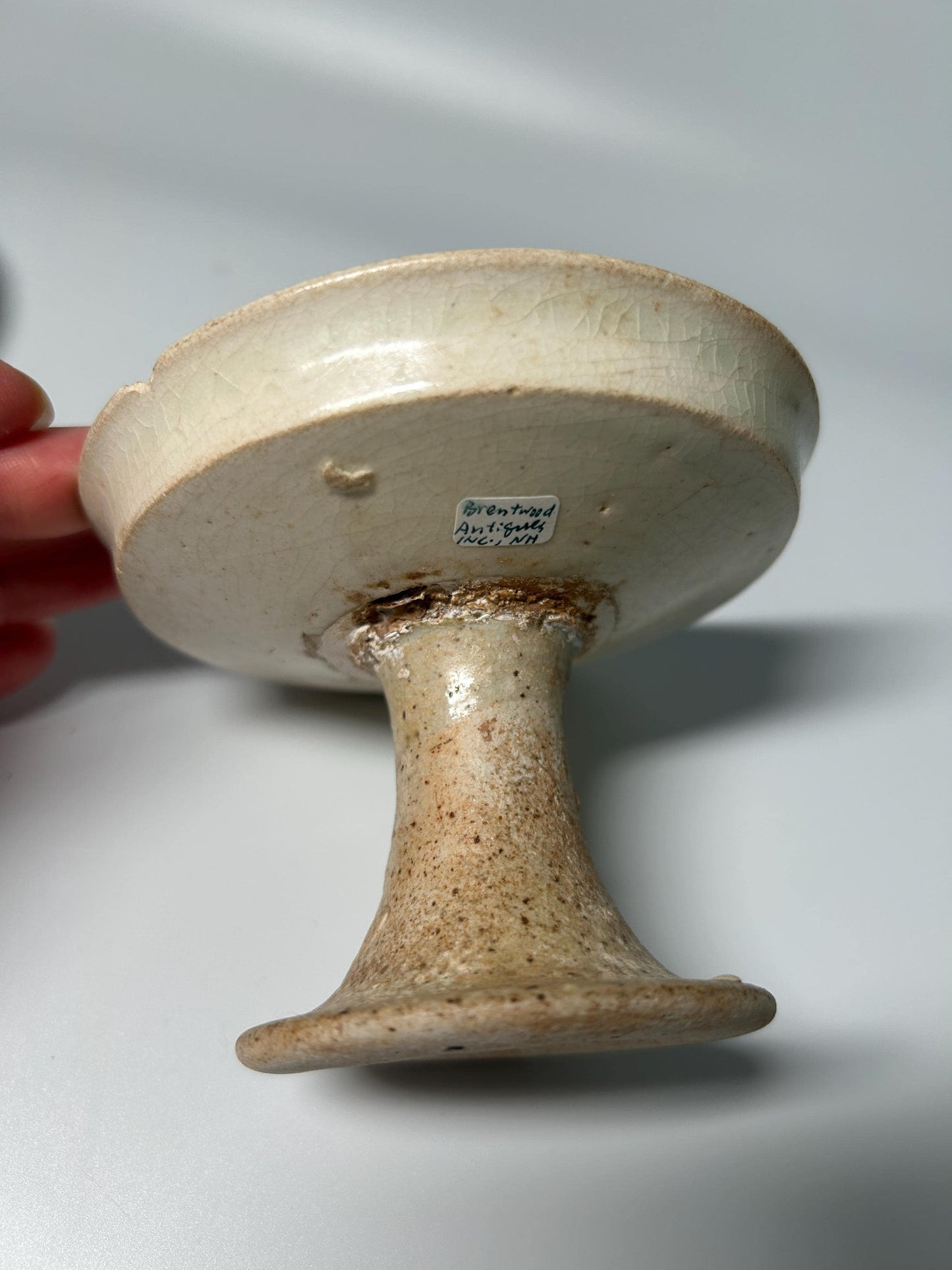 White Pottery Stem Dish | Rustic Stoneware Pedestal Offering Bowl | Primitive Ceramic Display Stand