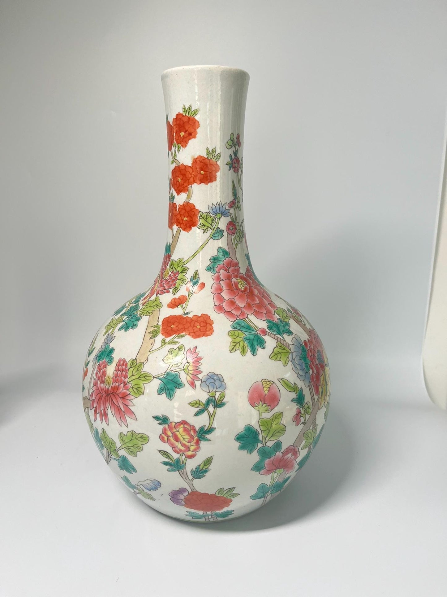 Vintage Famille Rose Porcelain Vase, Hand Painted Peony Floral Bottle, Asian Chinoiserie Decor