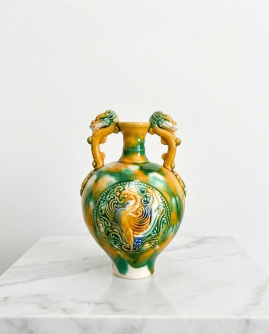 Handcrafted Sancai Glaze Ceramic with Dragon Handles