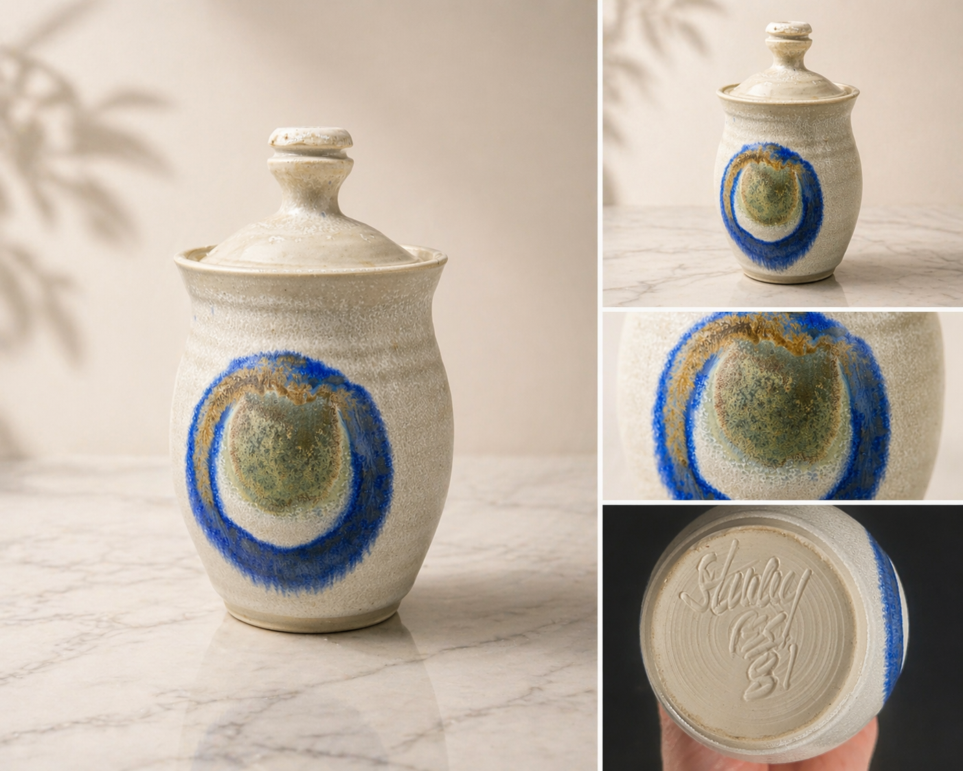 Hand-Thrown Studio Pottery Jar with Blue & Green Glaze Circle