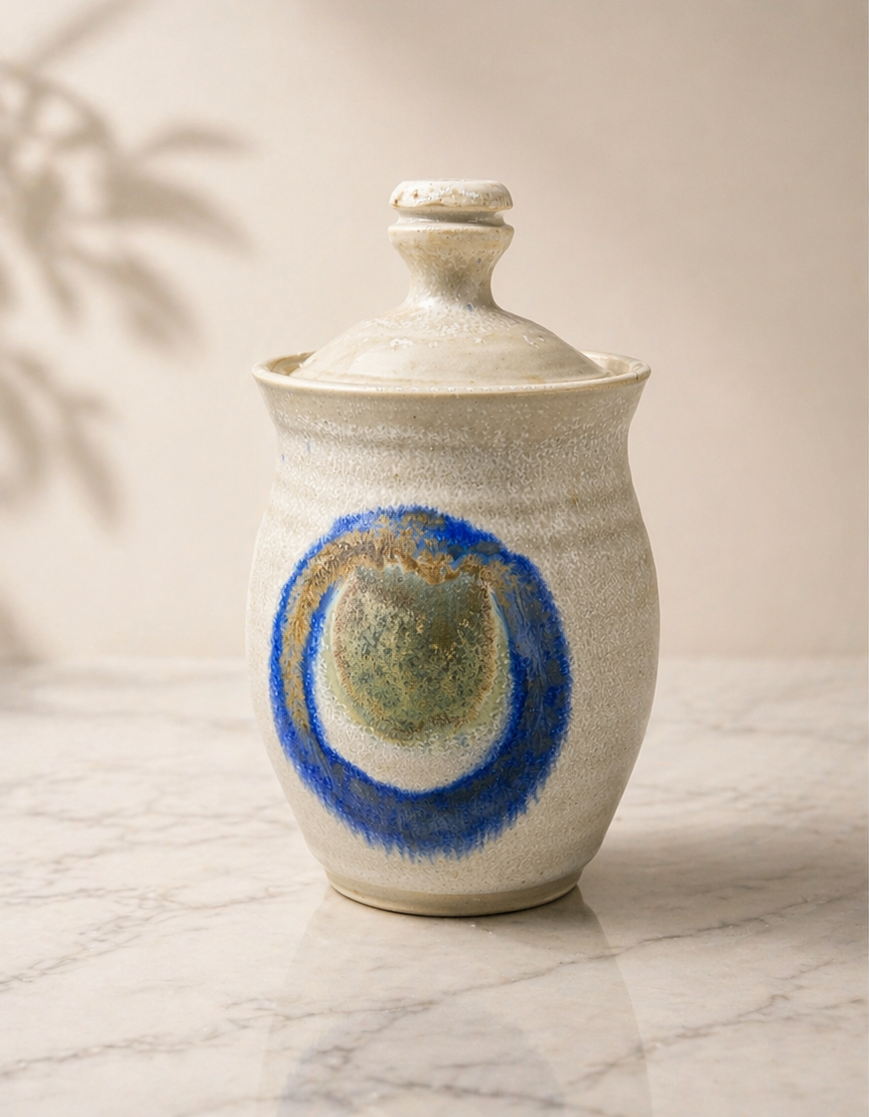 Hand-Thrown Studio Pottery Jar with Blue & Green Glaze Circle