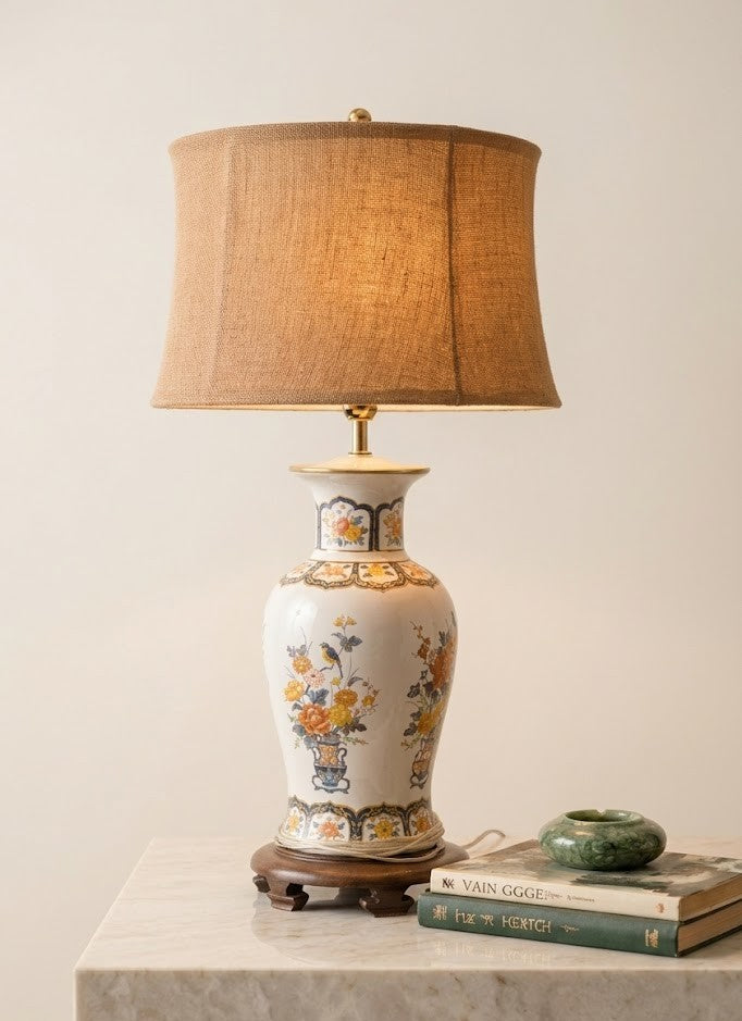 Vintage Chinoiserie Floral Ceramic Table Lamp - Hand-Painted Bird & Peony Design