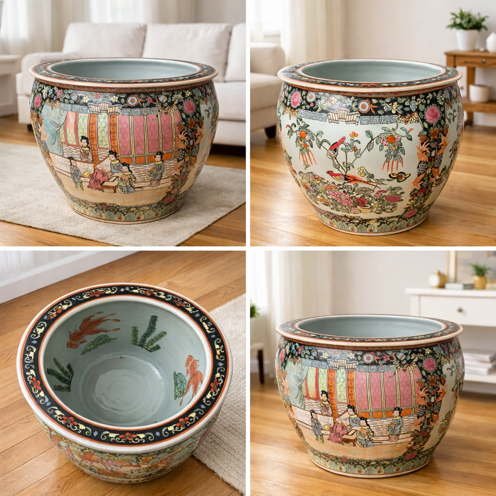 Vintage Chinese Porcelain Planter – Hand-Painted Figural Court Scene