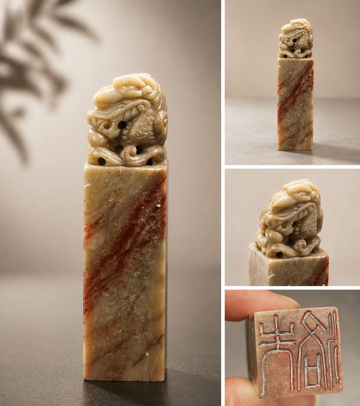 Hand-Carved Stone Seal with Guardian Beast Finial | Vintage Chinese Scholar’s Object