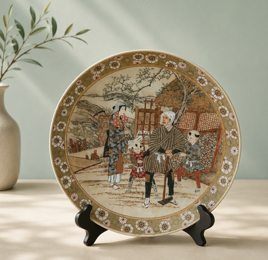 Satsuma Ware Decorative Plate: Traditional Japanese Family Scene
