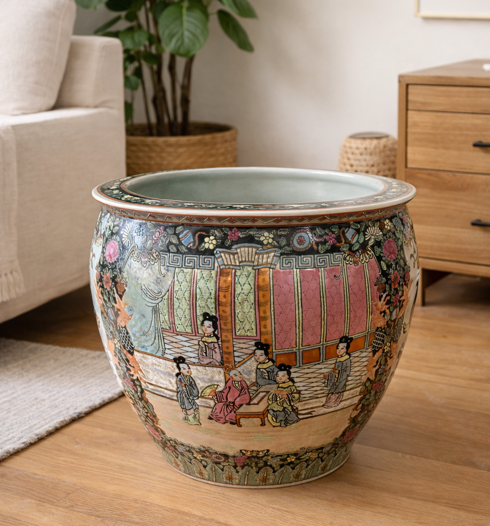 Vintage Chinese Porcelain Planter – Hand-Painted Figural Court Scene