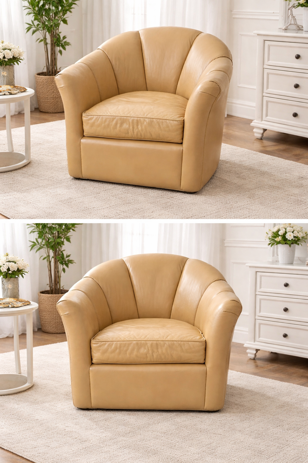 Leather Accent Chair – Barrel Back, Soft Tan Finish