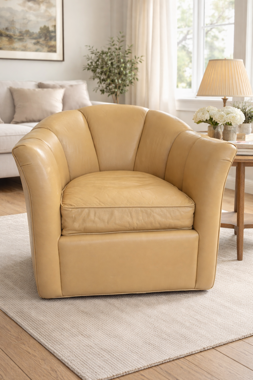 Leather Accent Chair – Barrel Back, Soft Tan Finish