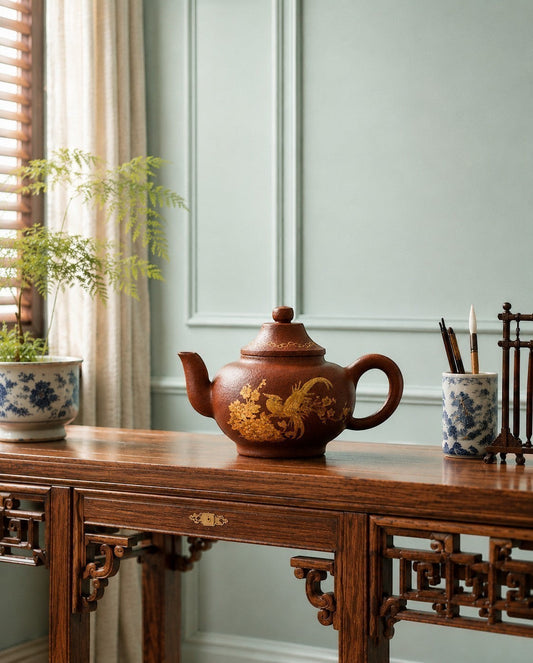 C&C Atelier 凤凰牡丹纹紫砂茶壶，采用优质紫砂泥手工制成，饰有精美的凤凰牡丹图案，色泽古朴典雅。