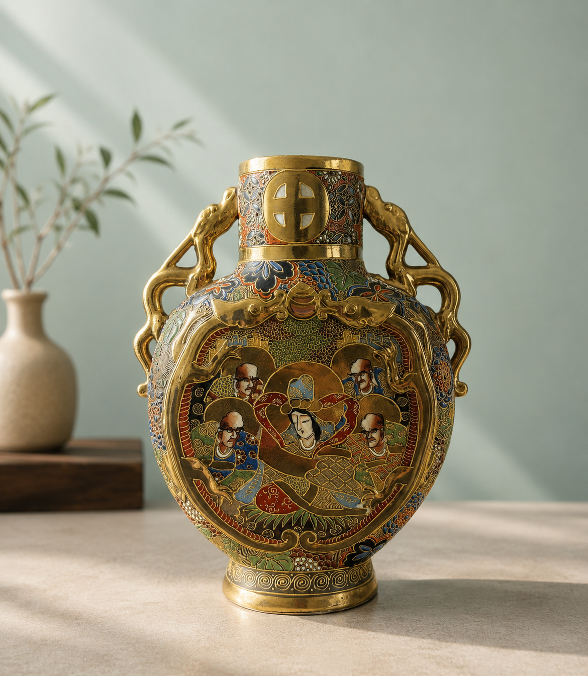 Japanese Satsuma Moriage Double Handle Vase | Meiji Style Gold Gilt Enamel Vase. Height 25.3 cm (9.96″)