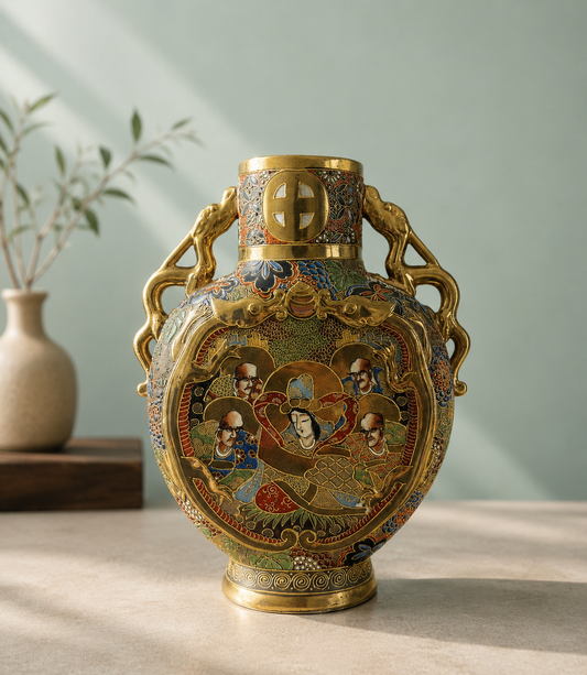 Japanese Satsuma Moriage Double Handle Vase | Meiji Style Gold Gilt Enamel Vase. Height 25.3 cm (9.96″)