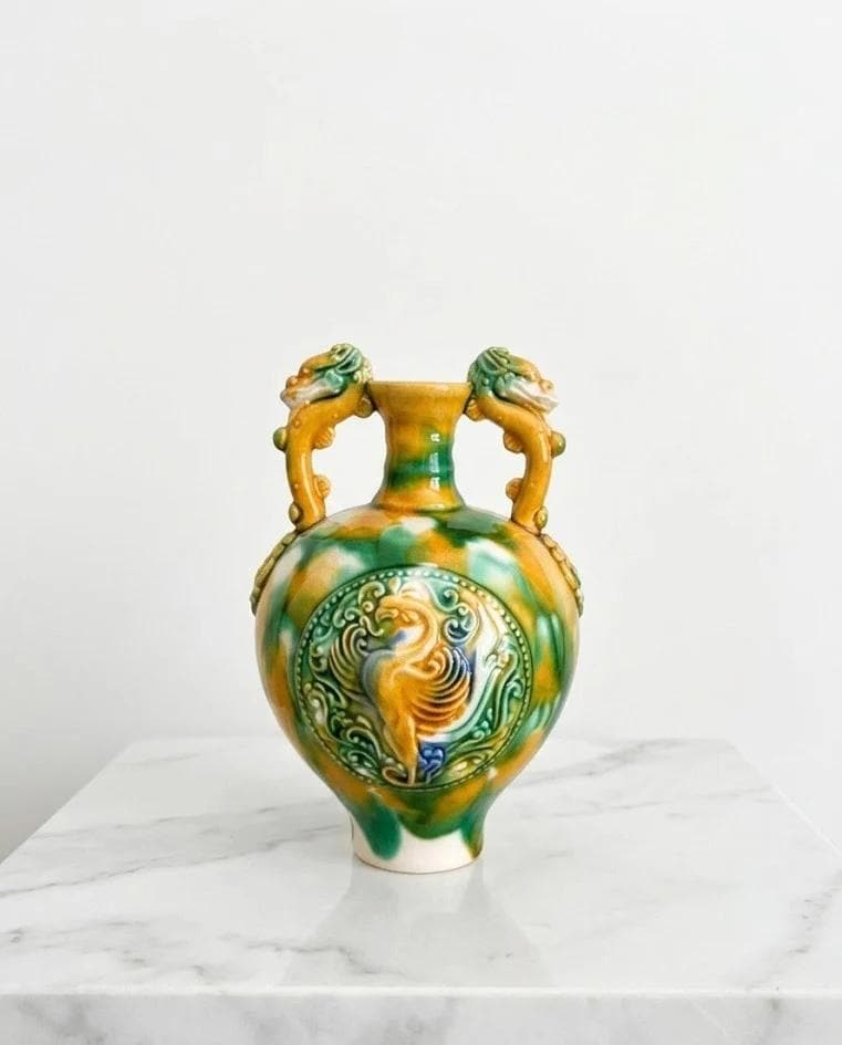 Handcrafted Sancai Glaze Ceramic with Dragon Handles