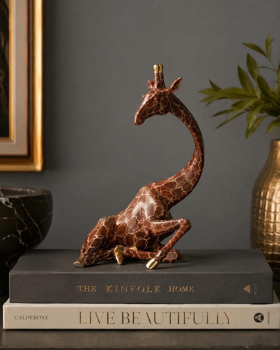 Signed Alexander Danel Giraffe Sculpture, Art Deco Revival Bronze-Tone Figurine