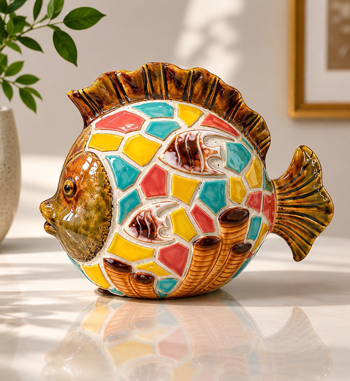 Colorful Mosaic Style Ceramic Fish Figurine