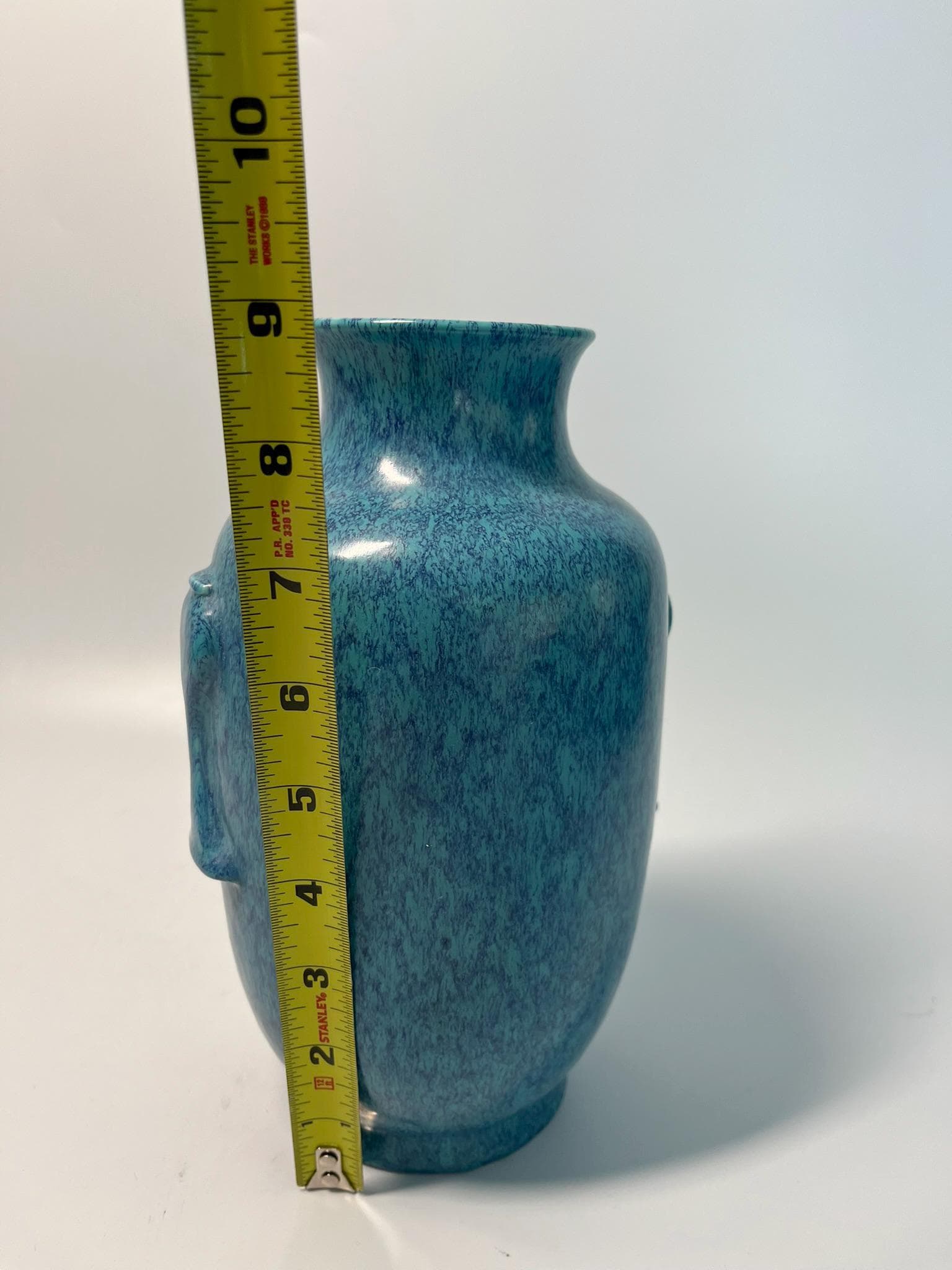 Vintage Blue Speckled Glaze Ceramic Vase with Elephant Head Handles