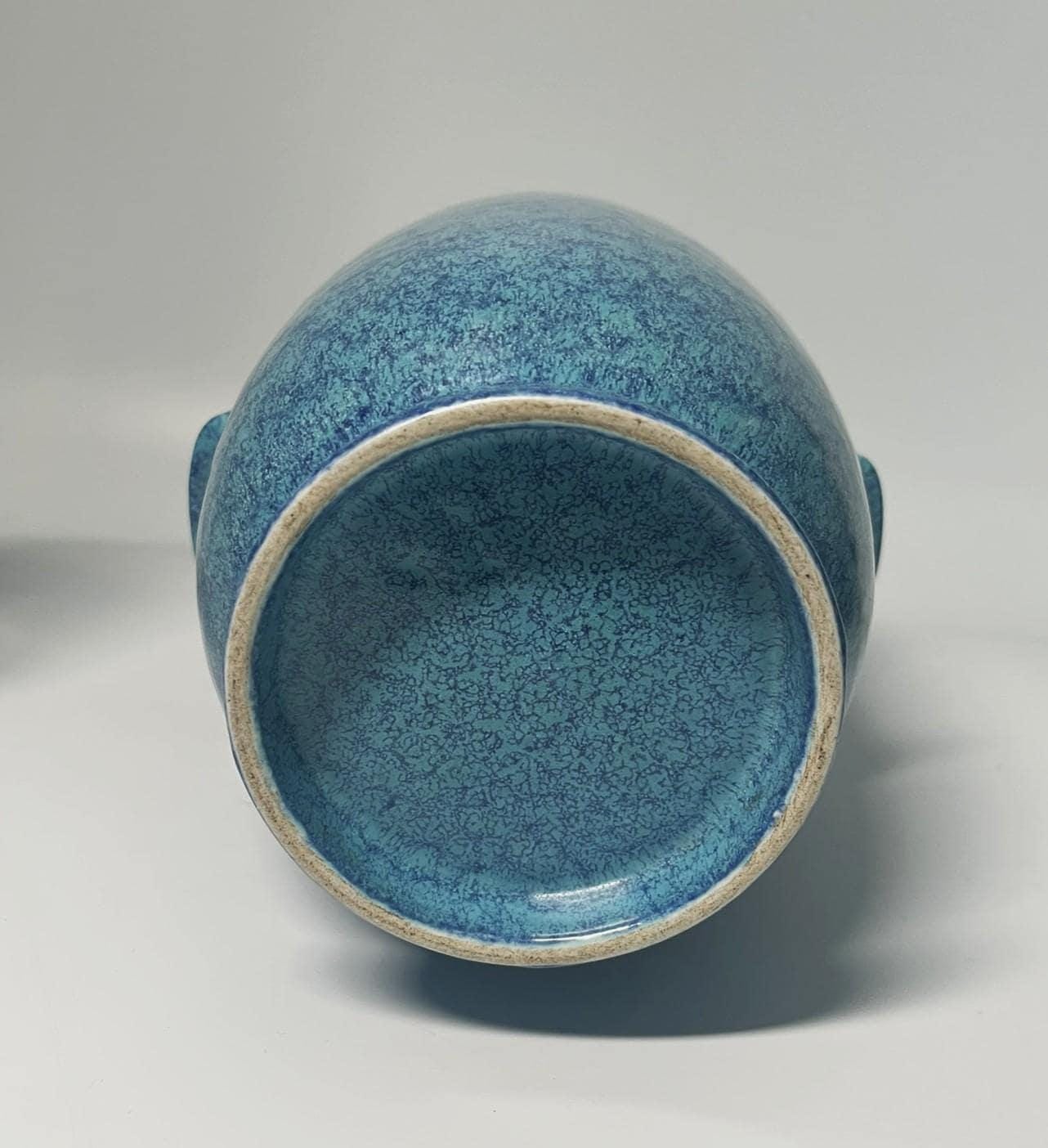 Vintage Blue Speckled Glaze Ceramic Vase with Elephant Head Handles