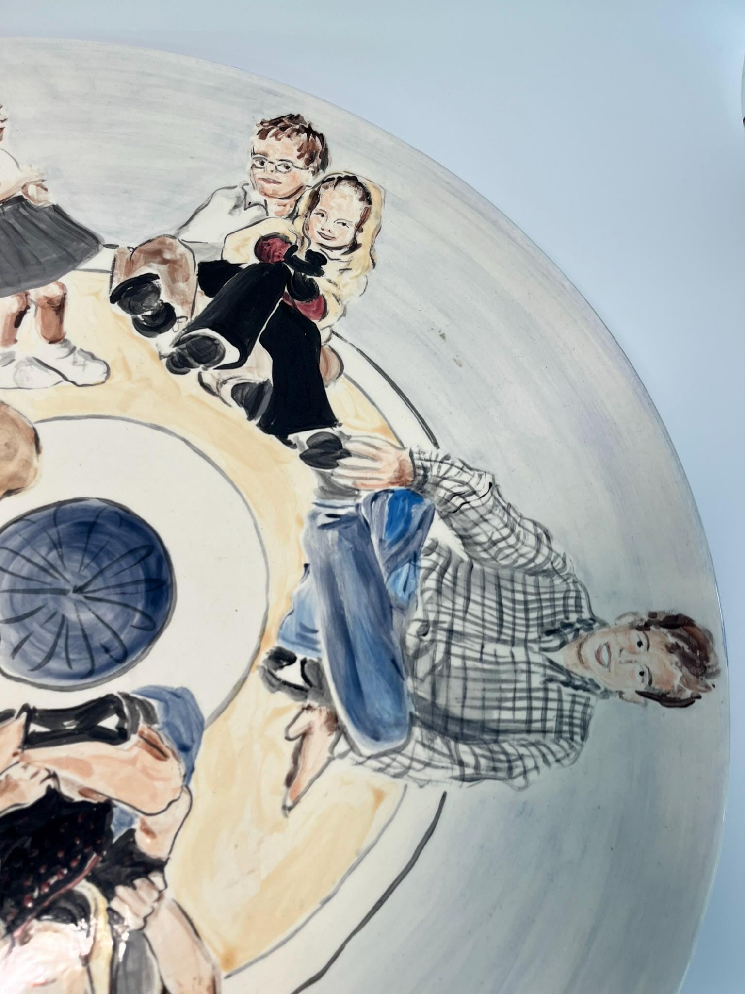 Signed Martha Novak Hand-Painted Ceramic Plate | Folk Art Family Portrait Charger (July 2000)