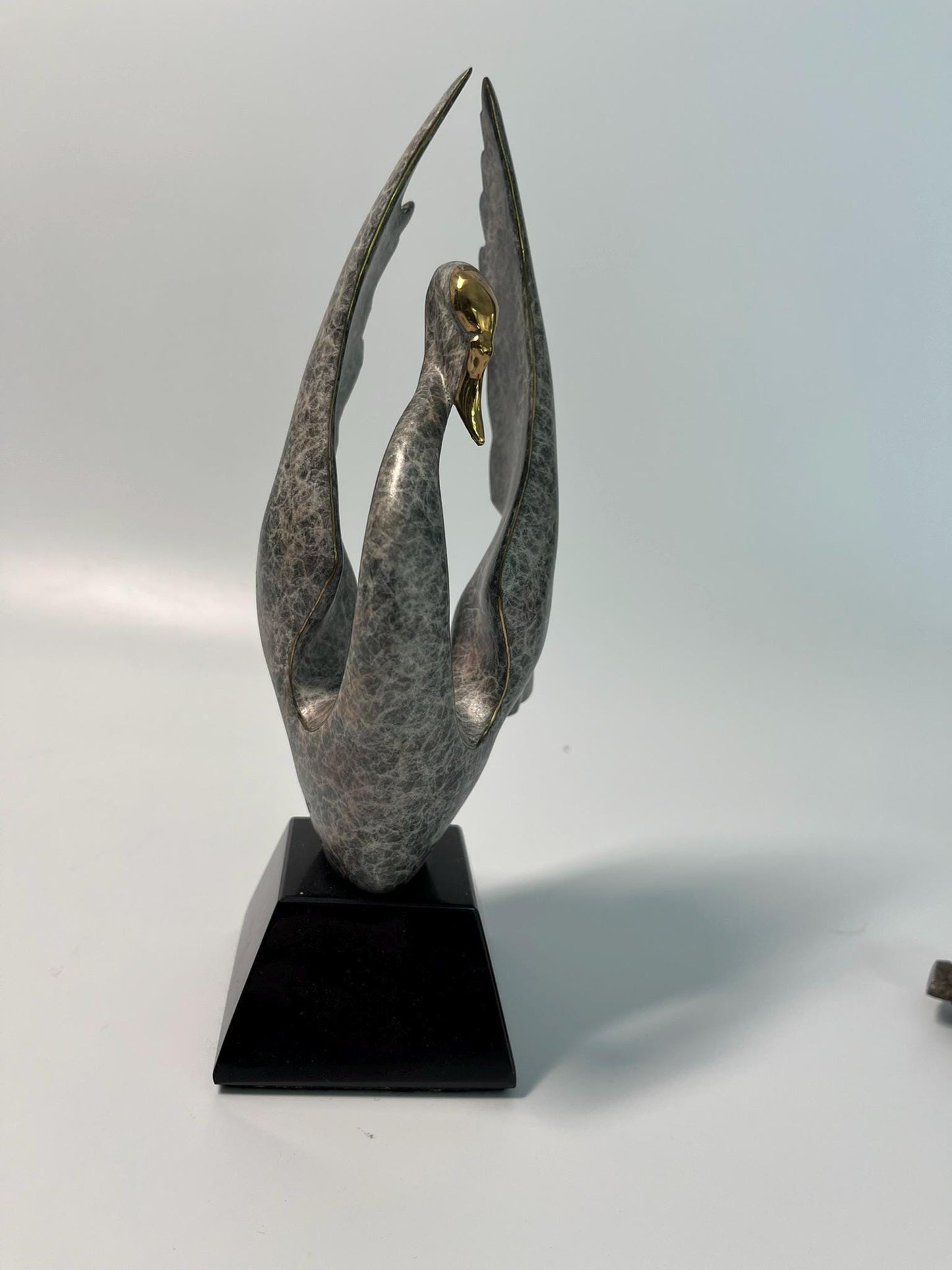 Modern Abstract Swan Sculpture – Signed Limited Edition Metal Art Statue on Marble Base