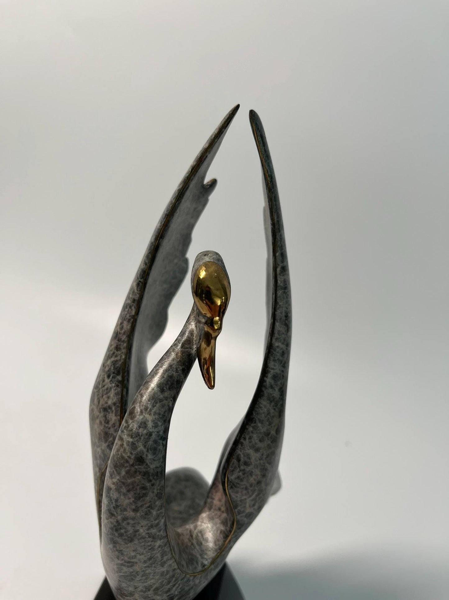 Modern Abstract Swan Sculpture – Signed Limited Edition Metal Art Statue on Marble Base