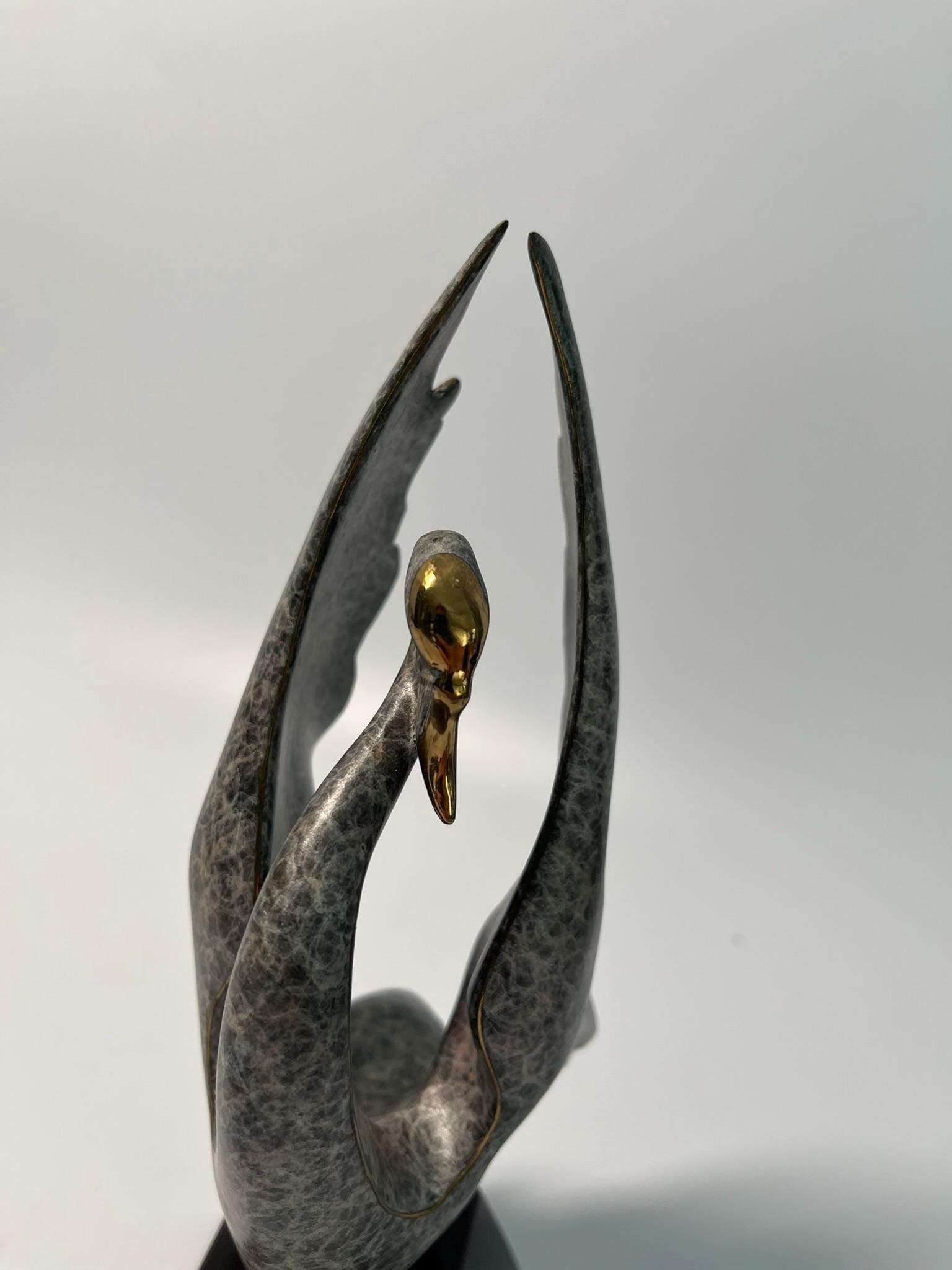 Modern Abstract Swan Sculpture – Signed Limited Edition Metal Art Statue on Marble Base