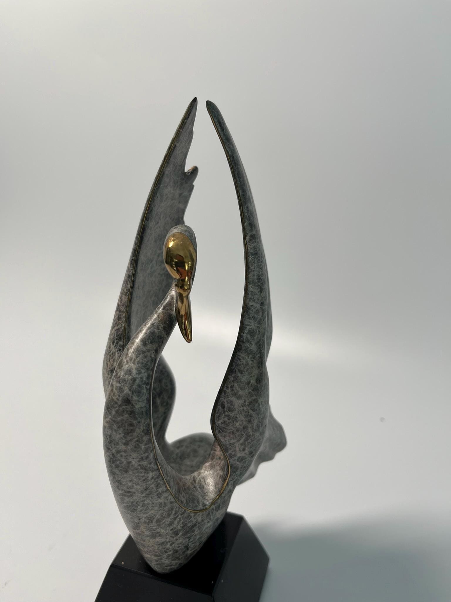 Modern Abstract Swan Sculpture – Signed Limited Edition Metal Art Statue on Marble Base