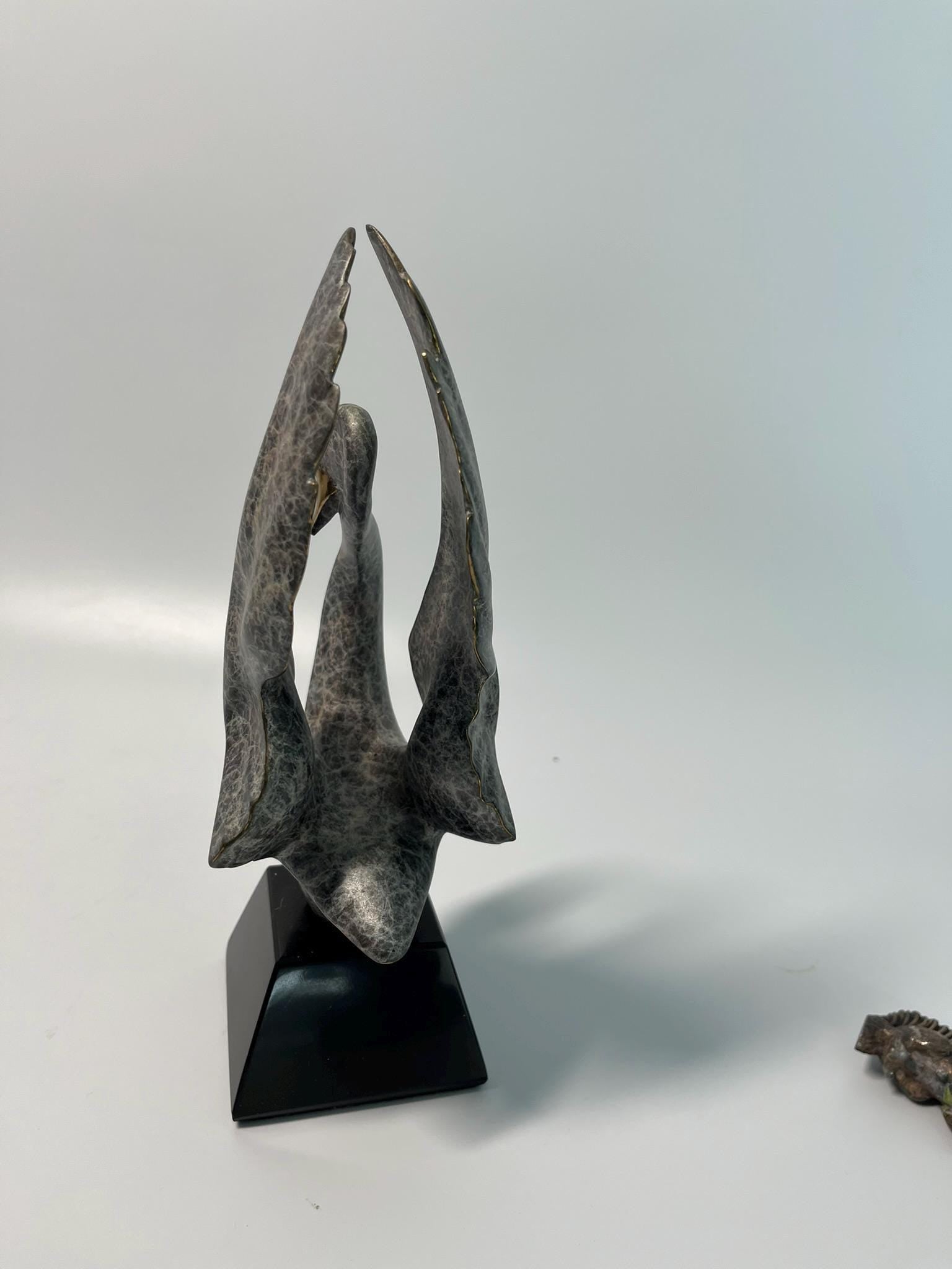 Modern Abstract Swan Sculpture – Signed Limited Edition Metal Art Statue on Marble Base