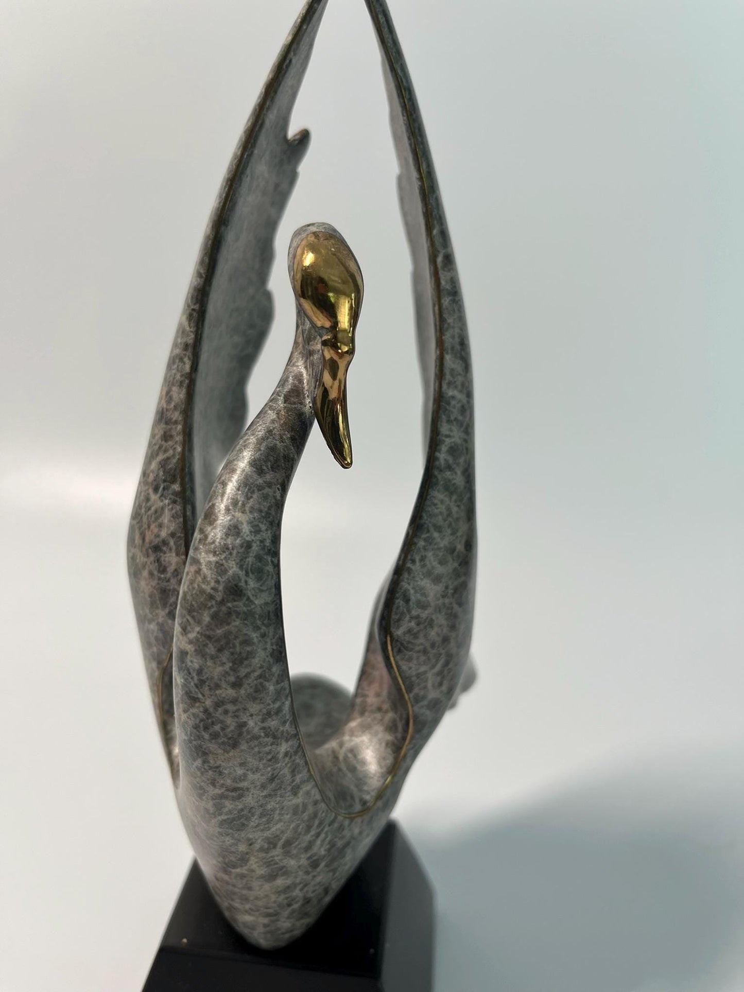 Modern Abstract Swan Sculpture – Signed Limited Edition Metal Art Statue on Marble Base