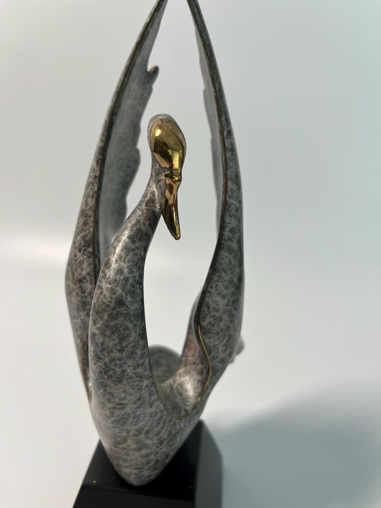Modern Abstract Swan Sculpture – Signed Limited Edition Metal Art Statue on Marble Base