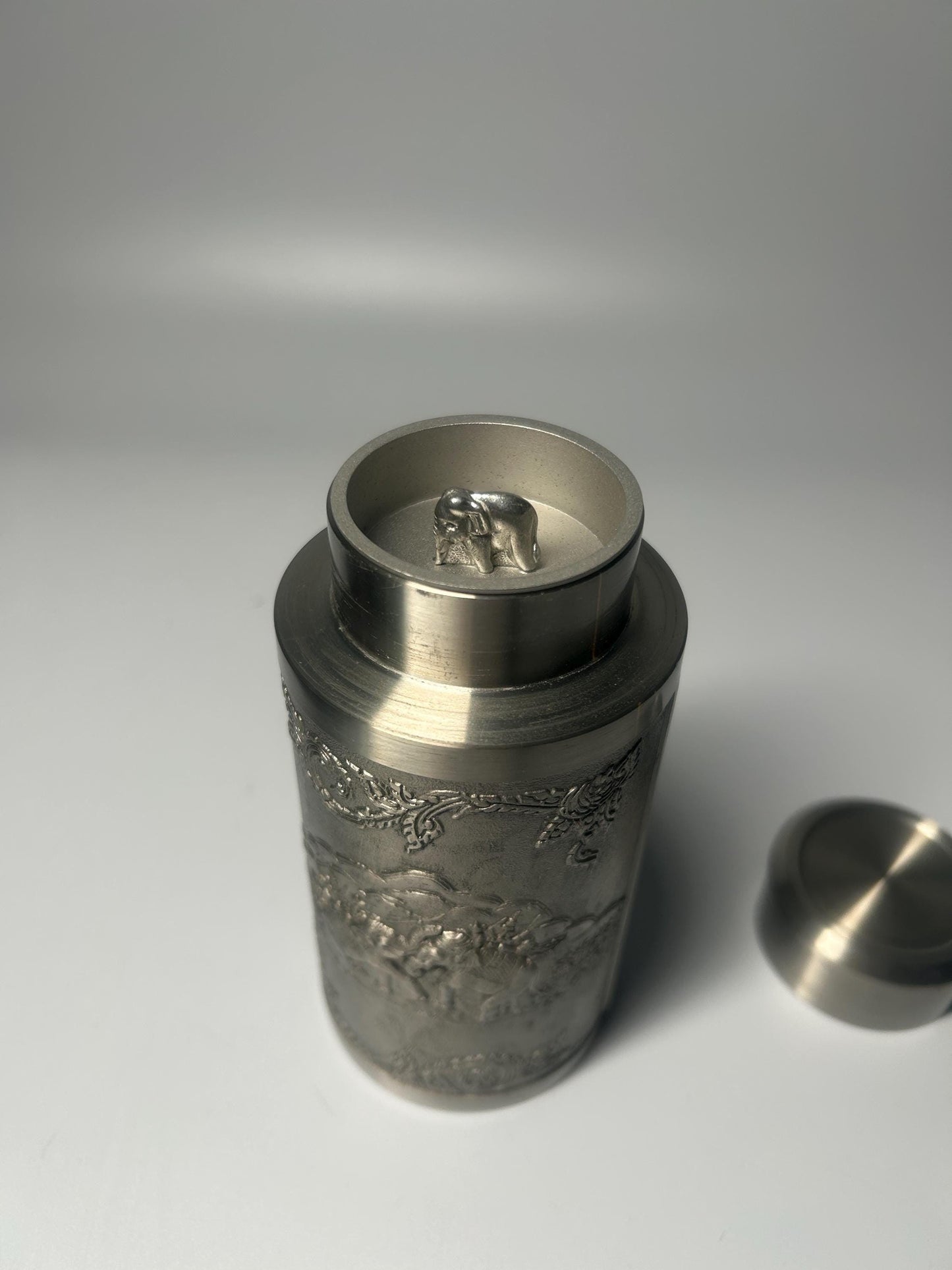 Vintage Pewter Elephant Relief Tea Caddy Canister with Lid | Decorative Metal Storage Jar
