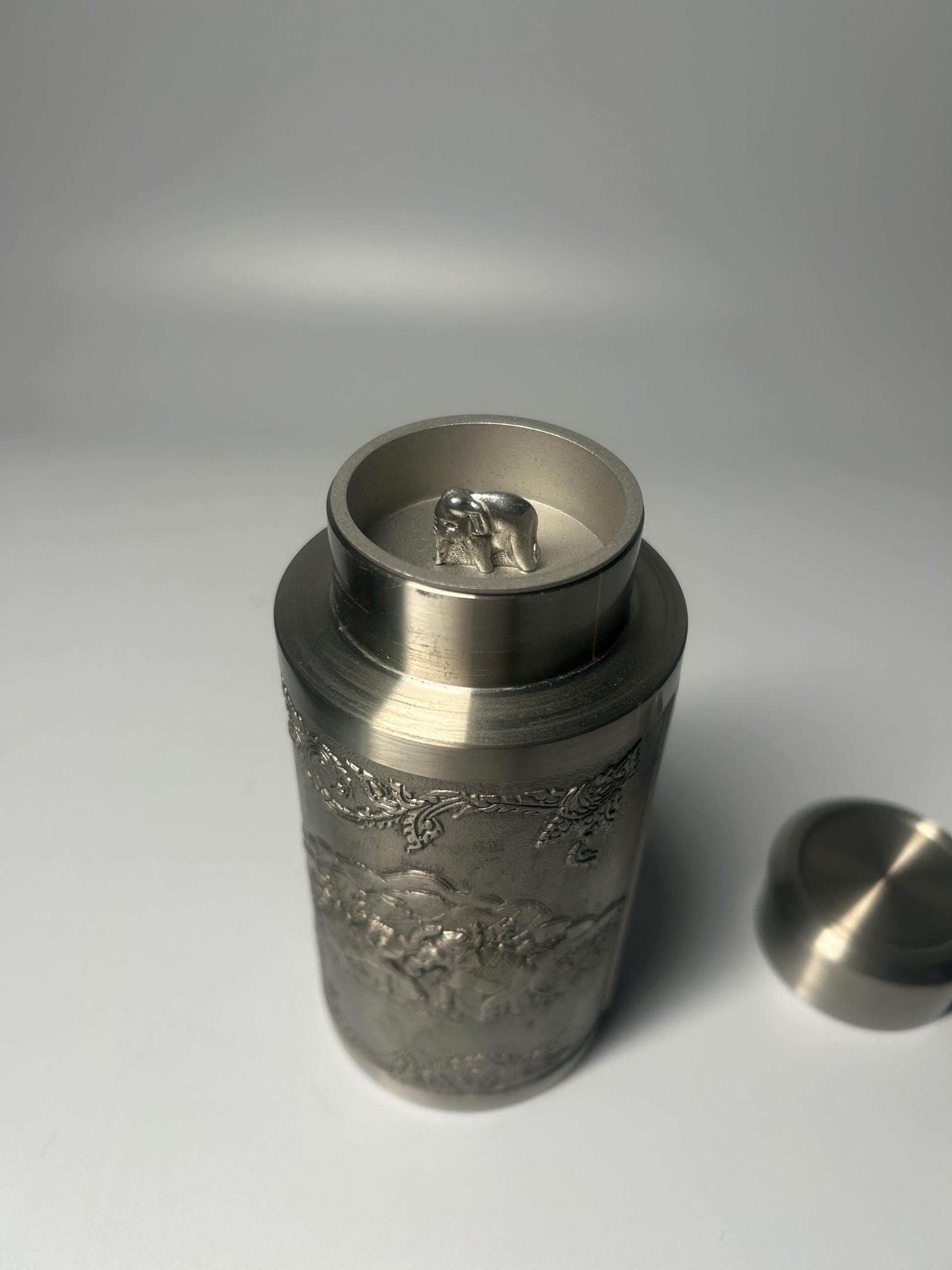 Vintage Pewter Elephant Relief Tea Caddy Canister with Lid | Decorative Metal Storage Jar