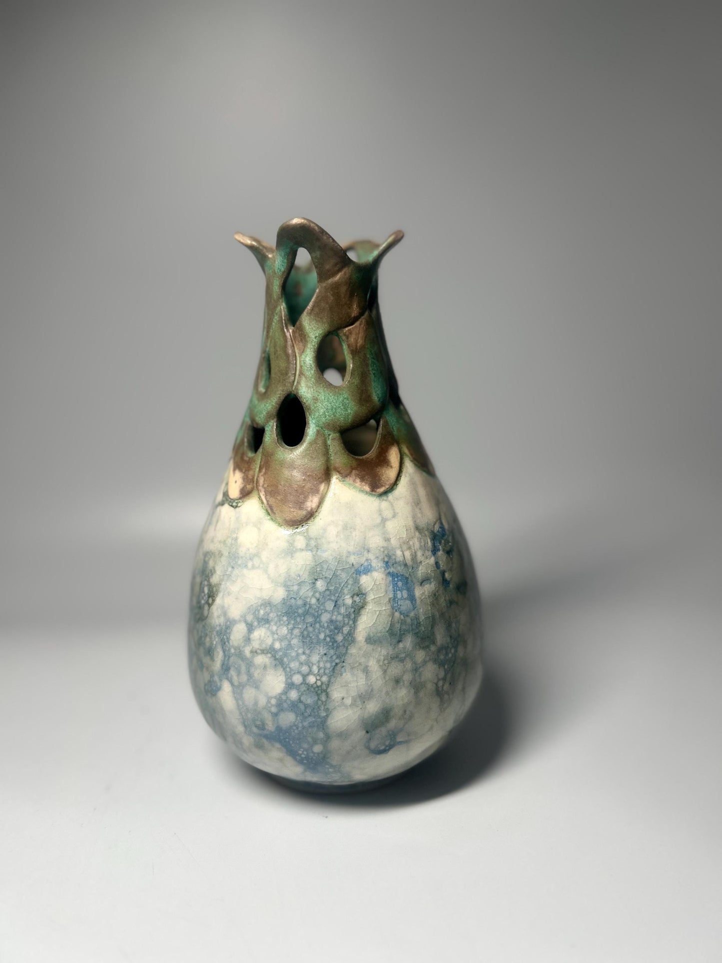 Signed Studio Pottery Pierced Neck Vase with Crystalline Blue Glaze