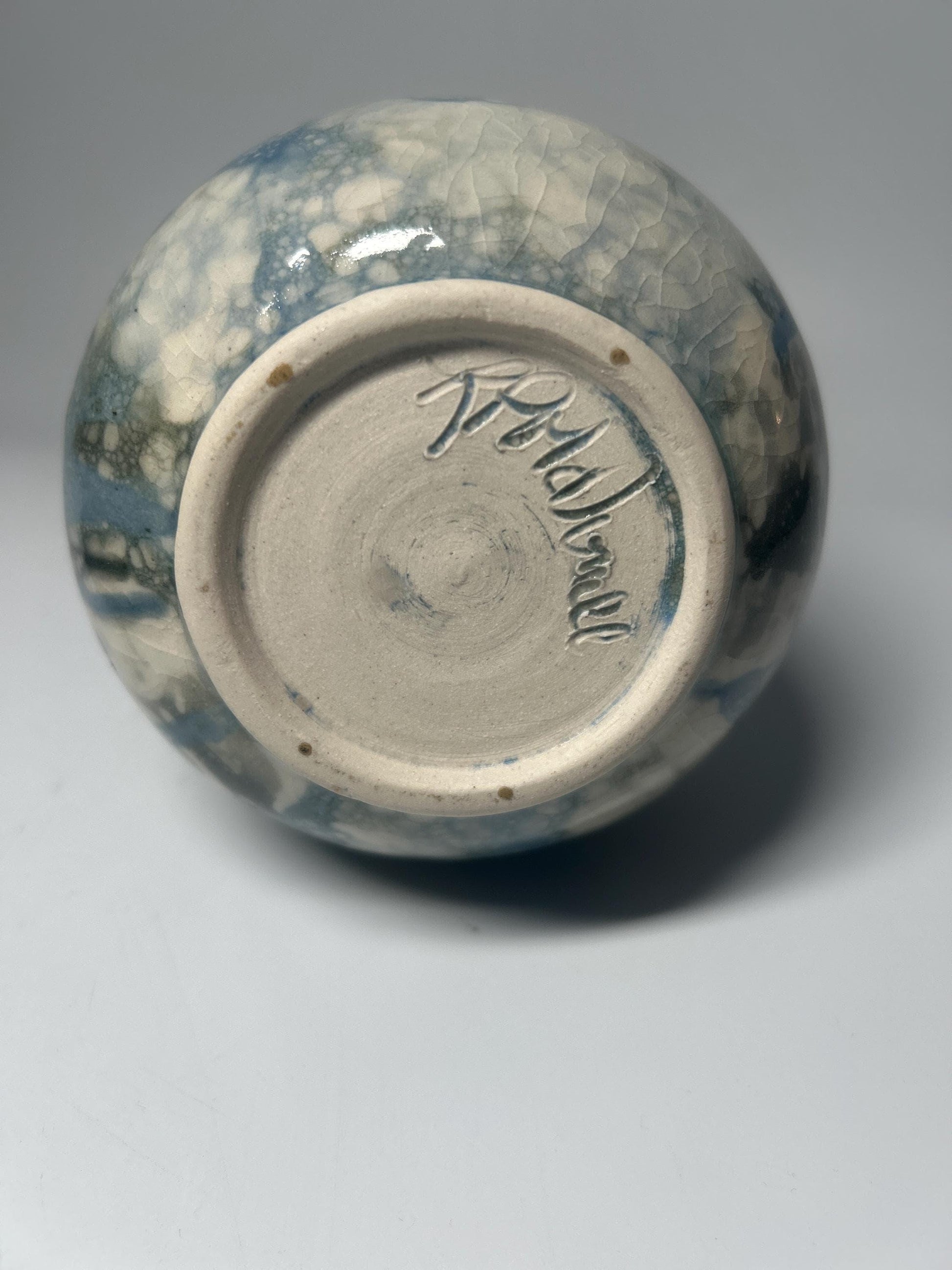Signed Studio Pottery Pierced Neck Vase with Crystalline Blue Glaze