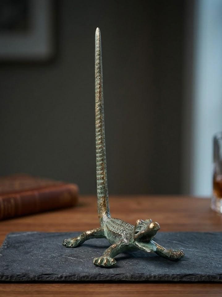Vintage Verdigris & Gold Cast Metal Alligator