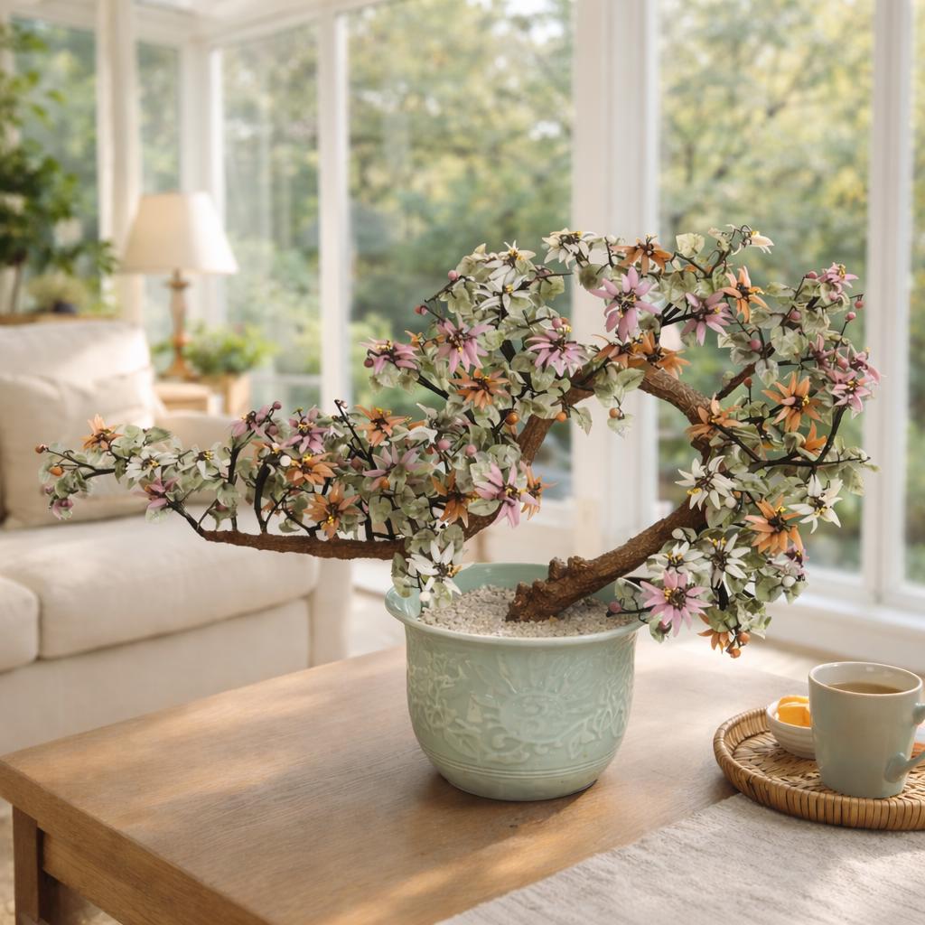Vintage Chinese Hardstone Blossoming Tree in Celadon Planter