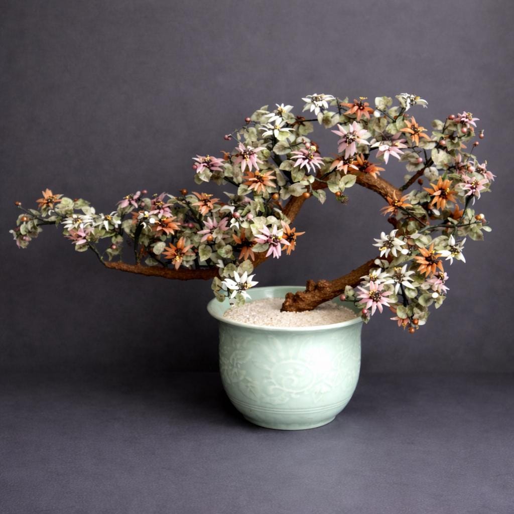 Vintage Chinese Hardstone Blossoming Tree in Celadon Planter