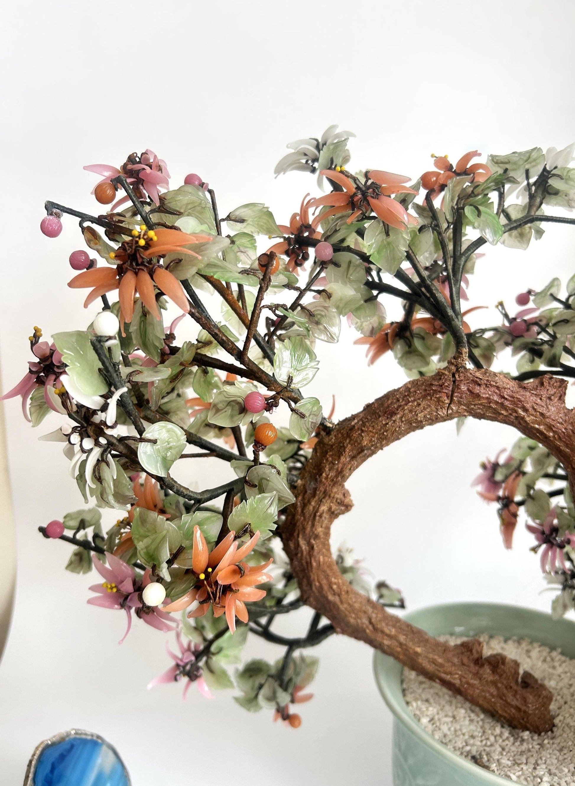 Vintage Chinese Hardstone Blossoming Tree in Celadon Planter