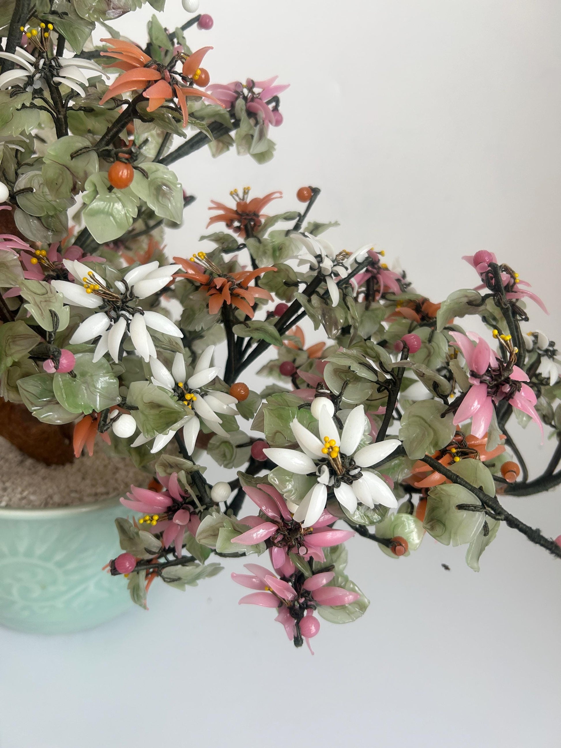 Vintage Chinese Hardstone Blossoming Tree in Celadon Planter