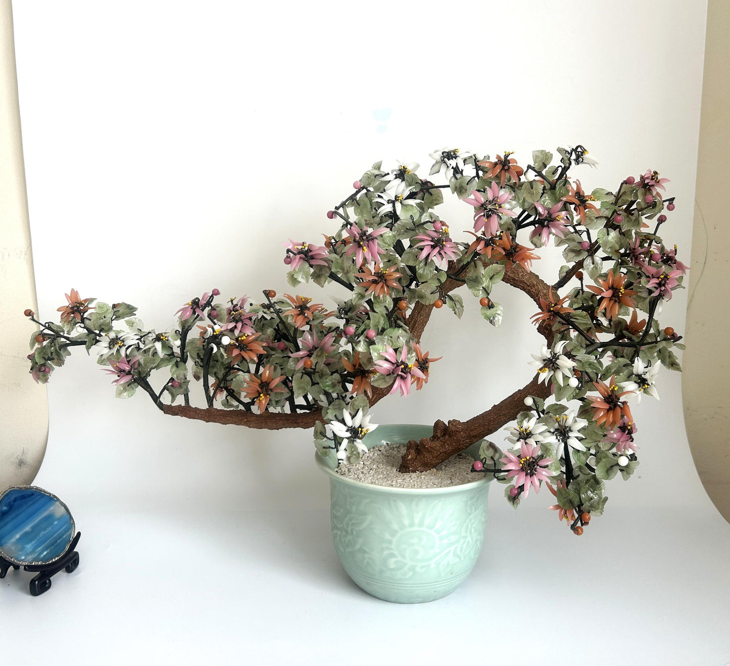 Vintage Chinese Hardstone Blossoming Tree in Celadon Planter