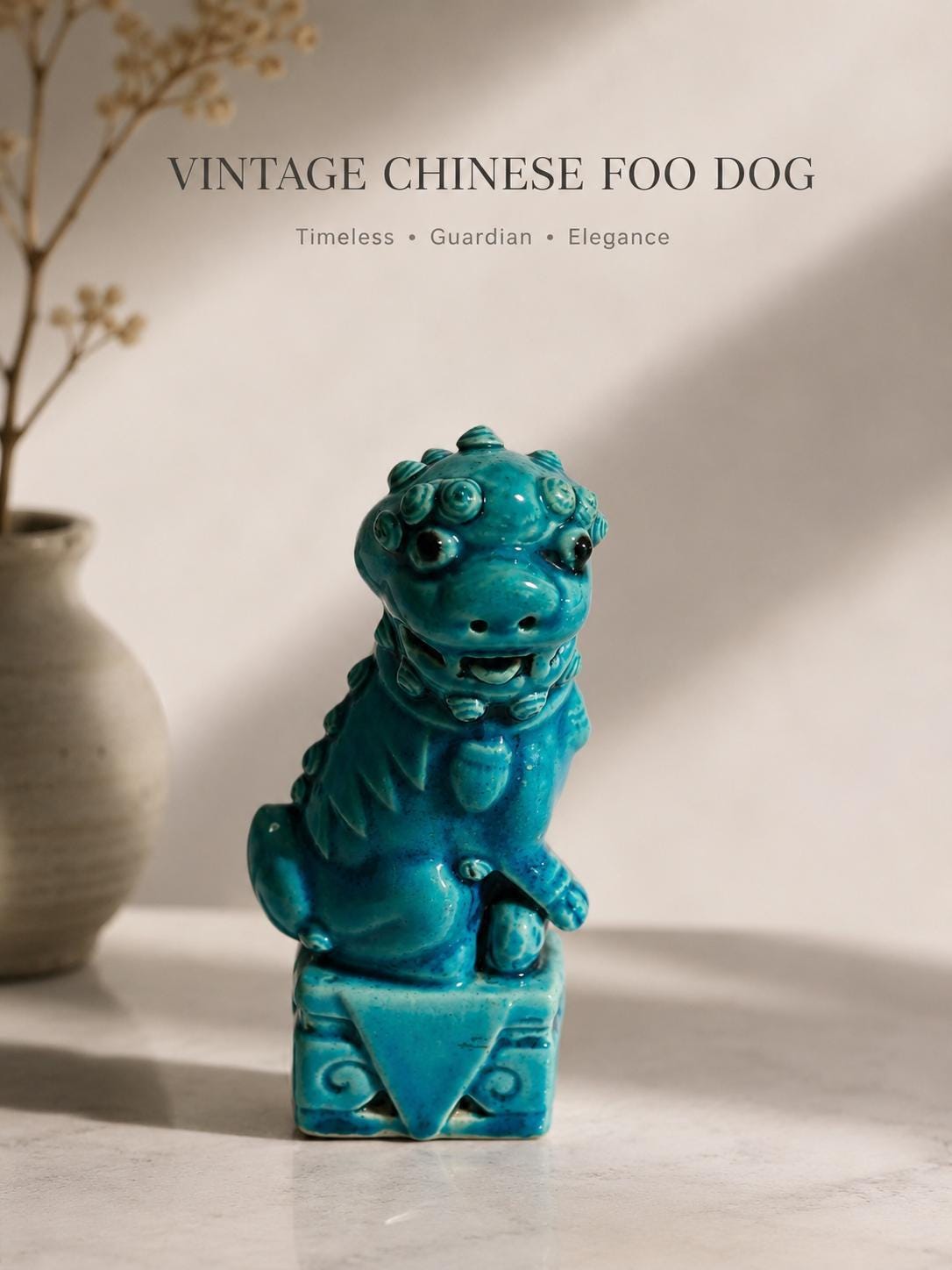 Vintage Turquoise Glazed Foo Dog Figurine | Chinese Guardian Lion Statue, Feng Shui Decor