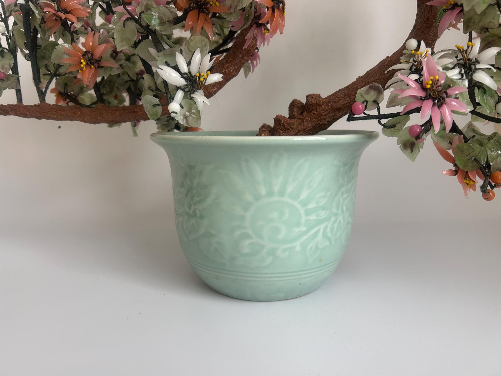 Vintage Chinese Hardstone Blossoming Tree in Celadon Planter