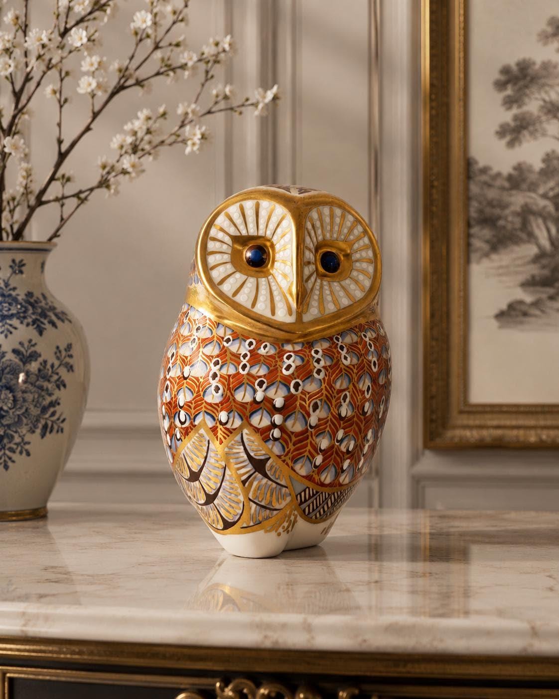 Royal Crown Derby Barn Owl Paperweight | John Ablitt Design, Imari Style Bone China Figurine