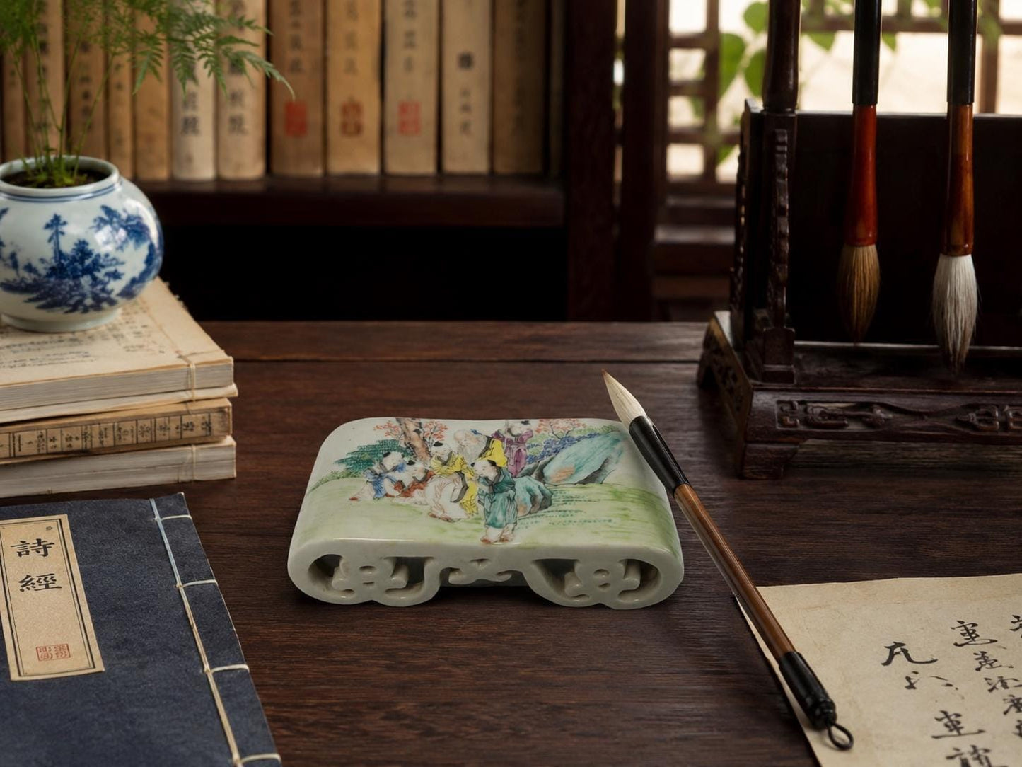 Antique Chinese Porcelain Brush Rest: Qianjiang Cai Scholar Scene, Late Qing Dynasty
