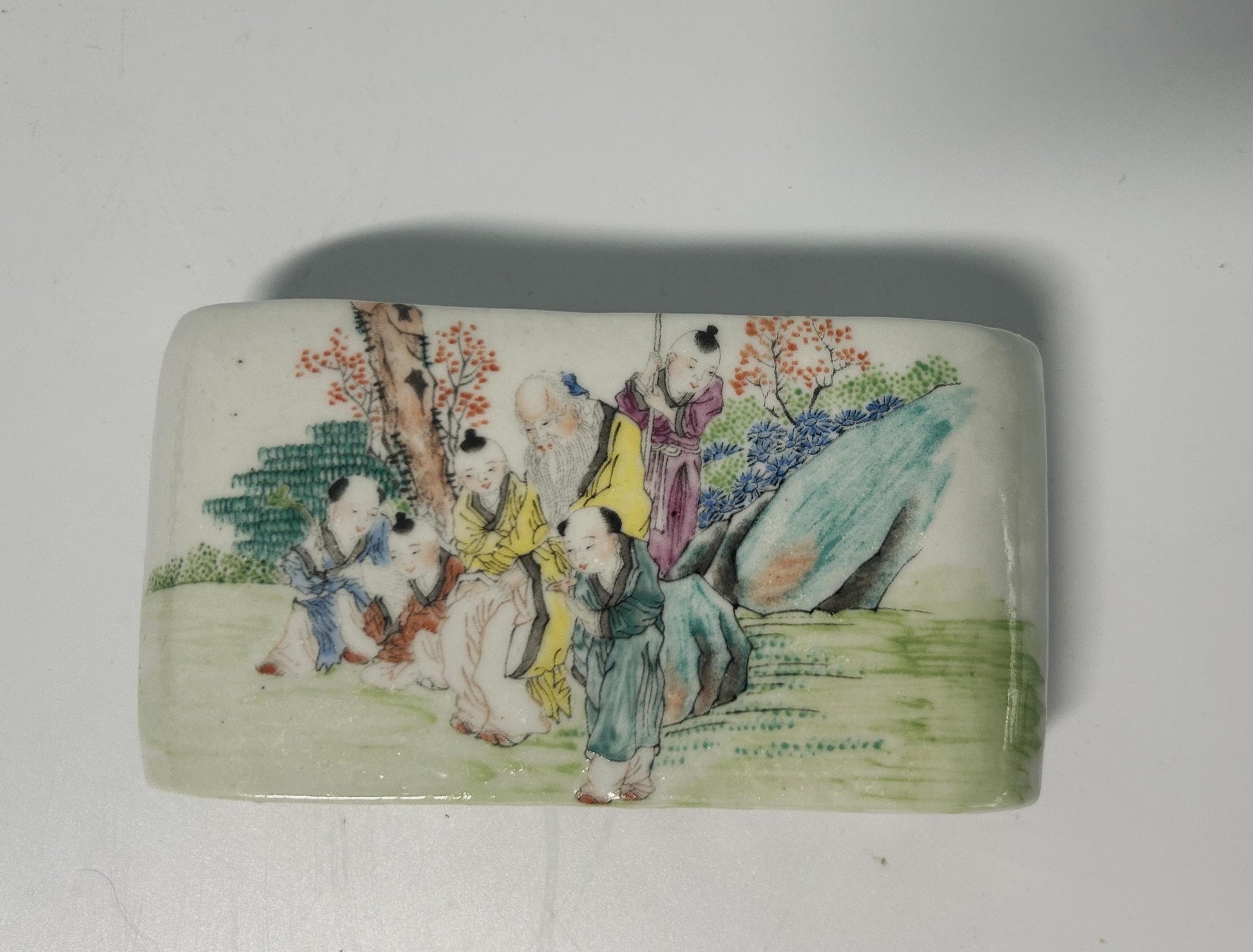 Antique Chinese Porcelain Brush Rest: Qianjiang Cai Scholar Scene, Late Qing Dynasty