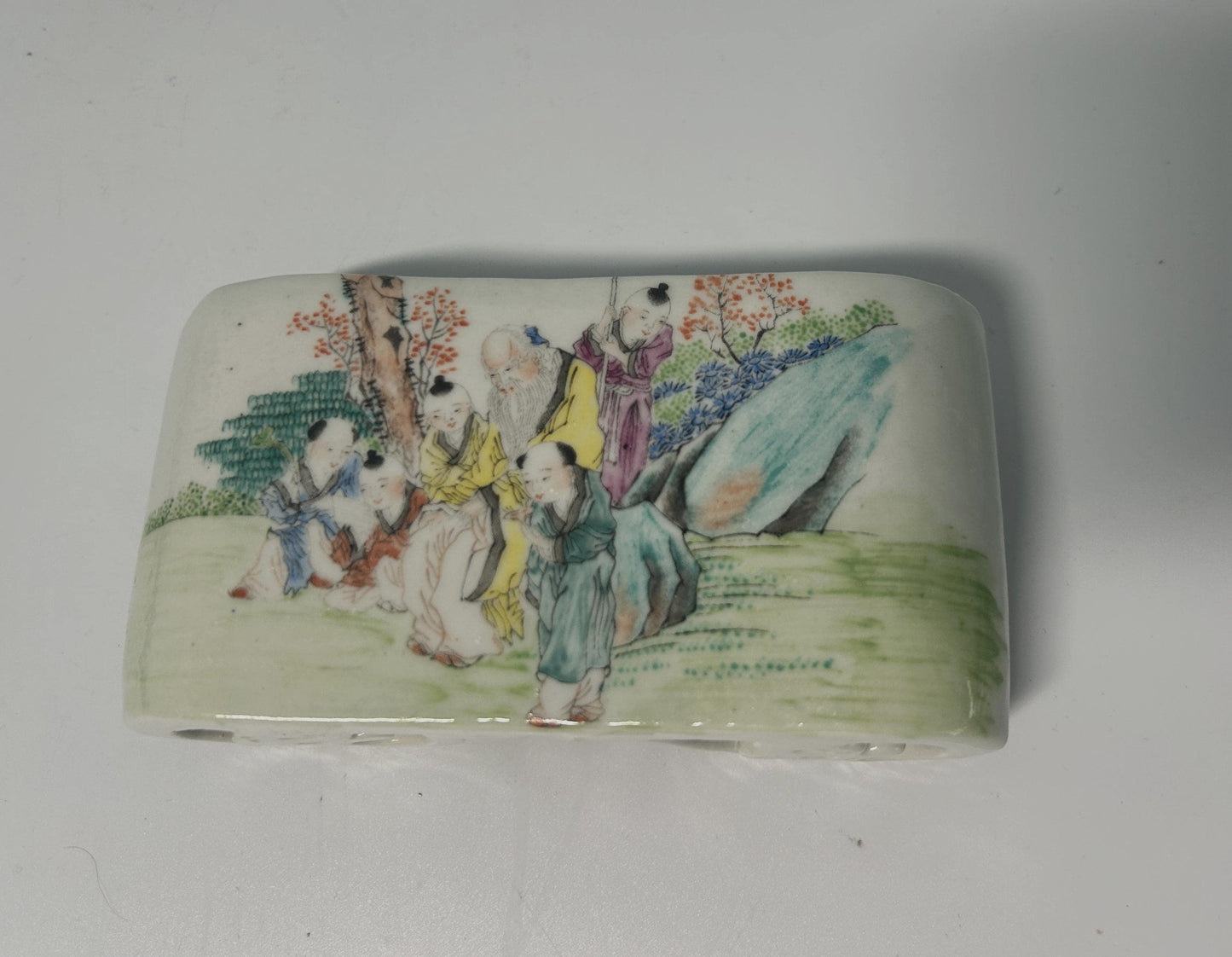 Antique Chinese Porcelain Brush Rest: Qianjiang Cai Scholar Scene, Late Qing Dynasty
