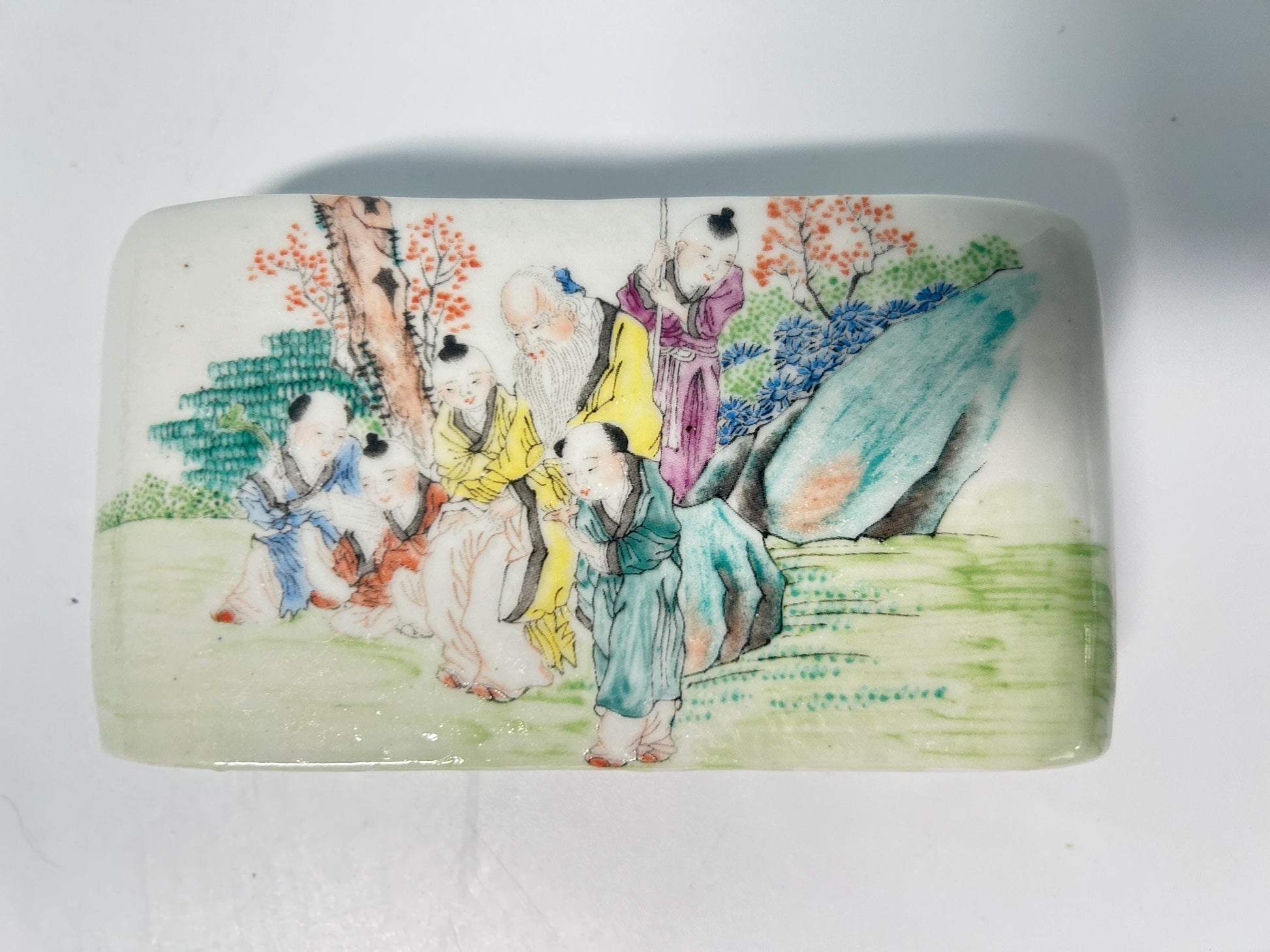 Antique Chinese Porcelain Brush Rest: Qianjiang Cai Scholar Scene, Late Qing Dynasty