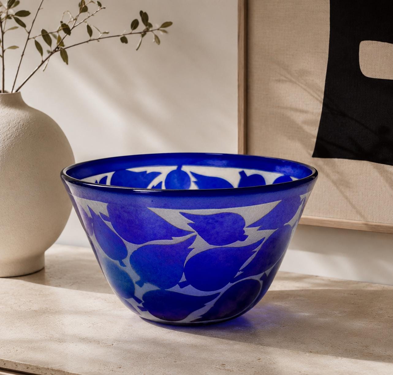 Kosta Boda Bertil Vallien Art Glass Bowl – Cobalt Blue Leaf Motif 57446